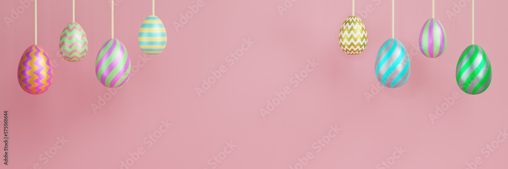 Poster easter multi-colored eggs hang from threads on a pink background. banner 3d rendering