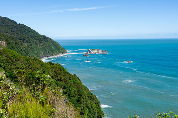 Küste mit Felsen und grünem Wald mit türkisem Meer und blauem Himmel in Neuseeland.