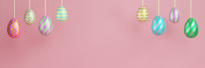 Easter multi-colored eggs hang from threads on a pink background. Banner 3D rendering