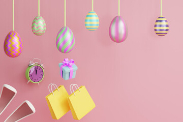 Easter decor hanging on threads on a pink background. 3D rendering