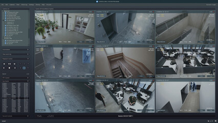 Playback CCTV cameras in office on computer screen. Surveillance interface with AI futuristic program and people recognition system. Security cameras. Concept of privacy, identification and tracking. - obrazy, fototapety, plakaty