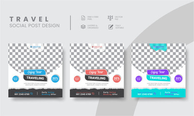 Best Creative Vacation, Tour, and Travel Social Media Post Layouts Design For High Engaging Traveler Vacation Square Banner Ads Templates. Vol - 27