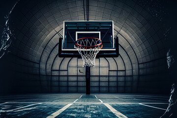 Basketball Hoop in a sports arena blue toned. Generative Ai