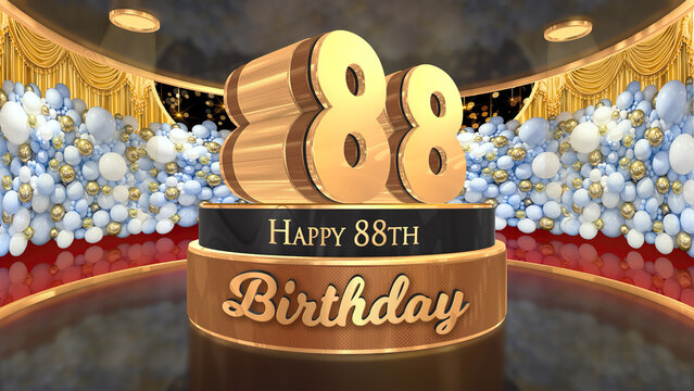 88th Birthday backdrop, poster, flyer 3d render illustration in gold with balloons and fireworks background