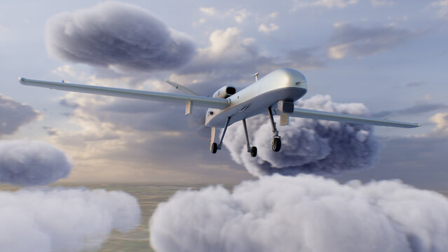 3D animation of military remotely-piloted drone flight. Combat drone launches missiles to hit military targets. Cloudy sky on background. Concept of using modern UAV technology for military battles.