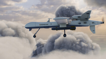 3D animation of military remotely-piloted drone flight. Combat drone launches missiles to hit...