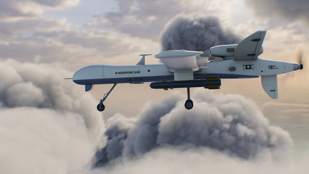3D animation of military remotely-piloted drone flight. Combat drone launches missiles to hit military targets. Cloudy sky on background. Concept of using modern UAV technology for military battles.