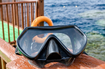 Diving mask on the background of the Red Sea in Egypt
