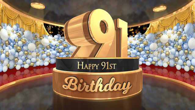 91st Birthday backdrop, poster, flyer 3d render illustration in gold with balloons and fireworks background