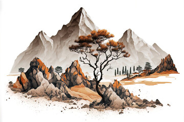 Snowy landscape with mountains. AI