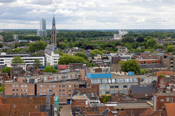 Aerial view rooftops downtown Dutch medieval city Groningen