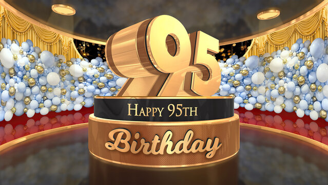 95th Birthday backdrop, poster, flyer 3d render illustration in gold with balloons and fireworks background