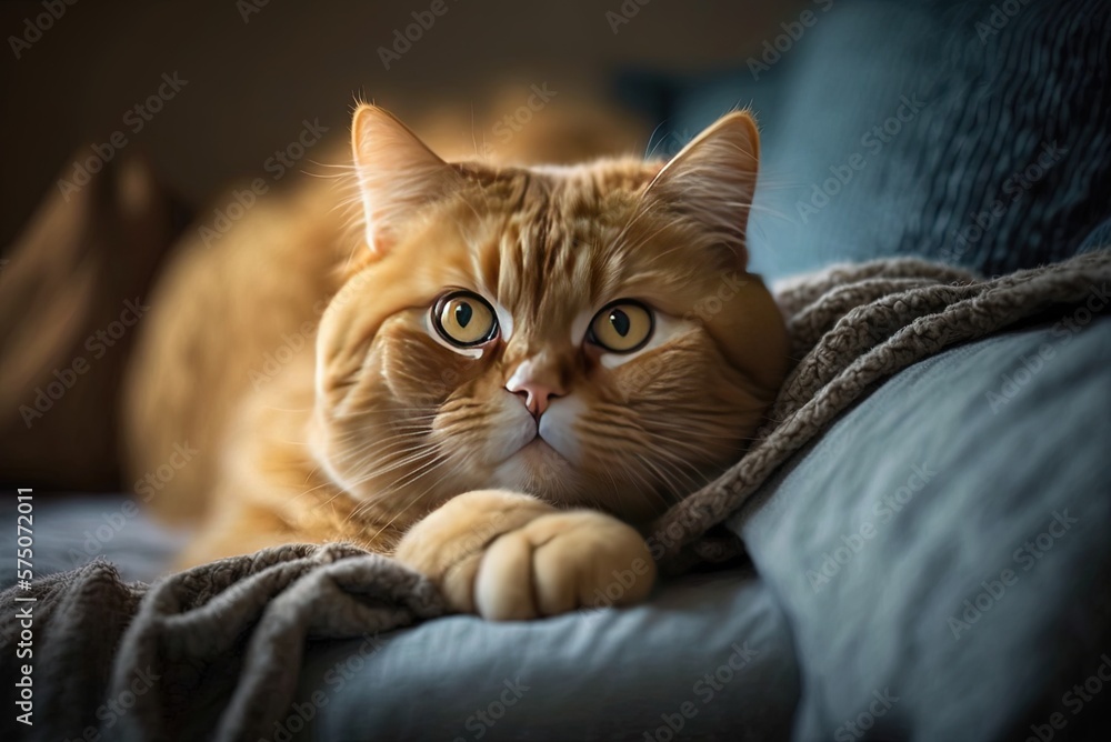 Poster gorgeous ginger cat in deep repose, laying on a sofa and gazing intently into the lens. generative a