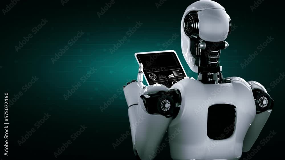Poster robot hominoid using tablet computer in concept of ai thinking brain , artificial intelligence and m