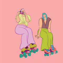 roller skates at an outdoor skate park.  roller skates in a vintage derby pose. Roller skating girls. Girl power concept poster. Young fit woman on roller skates.