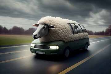 Sheepmobile rides on the highway. AI generated - obrazy, fototapety, plakaty