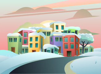 Road near Small cozy town. Winter landscape with drifts and snow. Homes and offices. Cartoon fun style. Flat design. Vector.