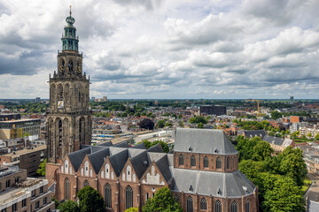 Aerial view Dutch city Groningen with Martini Tower and church