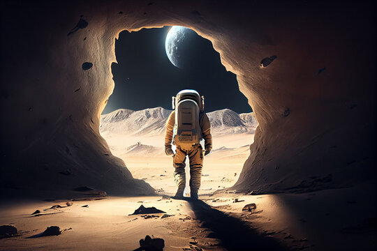 Astronaut Walk On The Surface Of Another Planet, Moon, Mars, Generative Ai