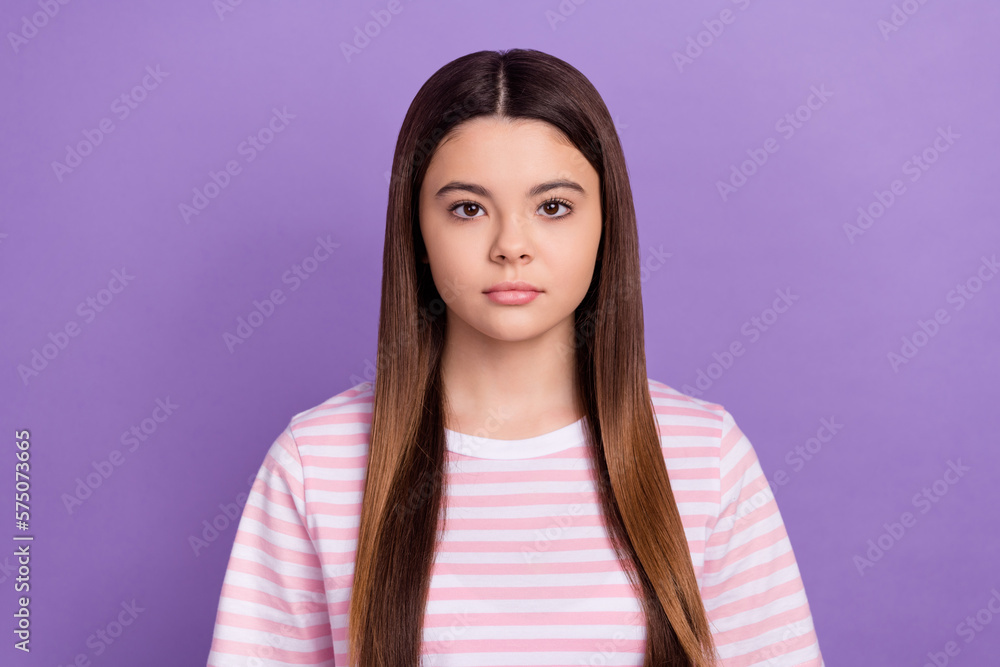 Sticker photo of charming adorable young lady wear striped pink white t-shirt isolated violet color backgrou