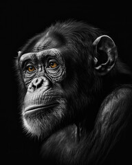 Generated black and white portrait profile portrait of a chimpanzee with yellow eyes	
