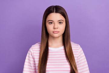 Fototapeta premium Photo of charming adorable young lady wear striped pink white t-shirt isolated violet color background