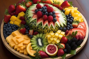 Fresh fruit and vegetable platters. Generative ai