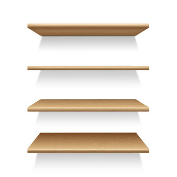  Mock-up of four wooden shelves on the wall, in perspective. Shelving for storage, template for advertising. Isolated on white background vector