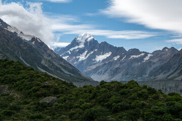 Gletscher in Neuseelands Alpen mit Gipfel und Eis und Urwald.