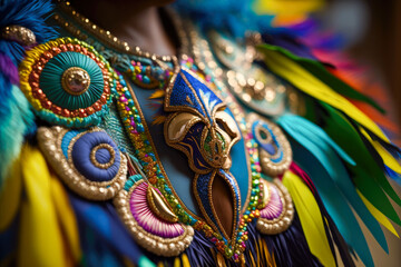 A close-up of intricate colorful carnival costume details, with shiny colors and textures, AI generated illustration