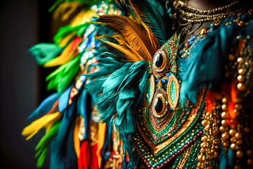 A close-up of intricate colorful carnival costume details, showcasing the handmade work of the designer, AI generated illustration