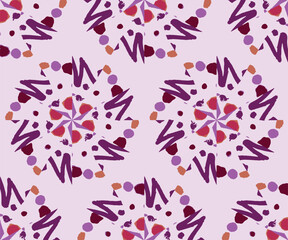 Vector Seamless Wallpaper. Symmetry Pattern. Ceramic Floral Tile. Watercolor Geometric Pattern. Violet Decorative Ethnic Boho Print. Magenta Artistic Psychedelic Geo. Bohemian Ethnic Print.
