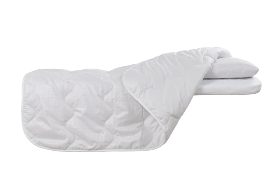 bed linen pillow and blanket made of quilted fabric with sewing and processing features