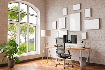 comfortable workplace with pc on wooden desk in office at home; bright sunlight from side large window and wall; canvas copy space;  remote work freelance; 3D Illustration