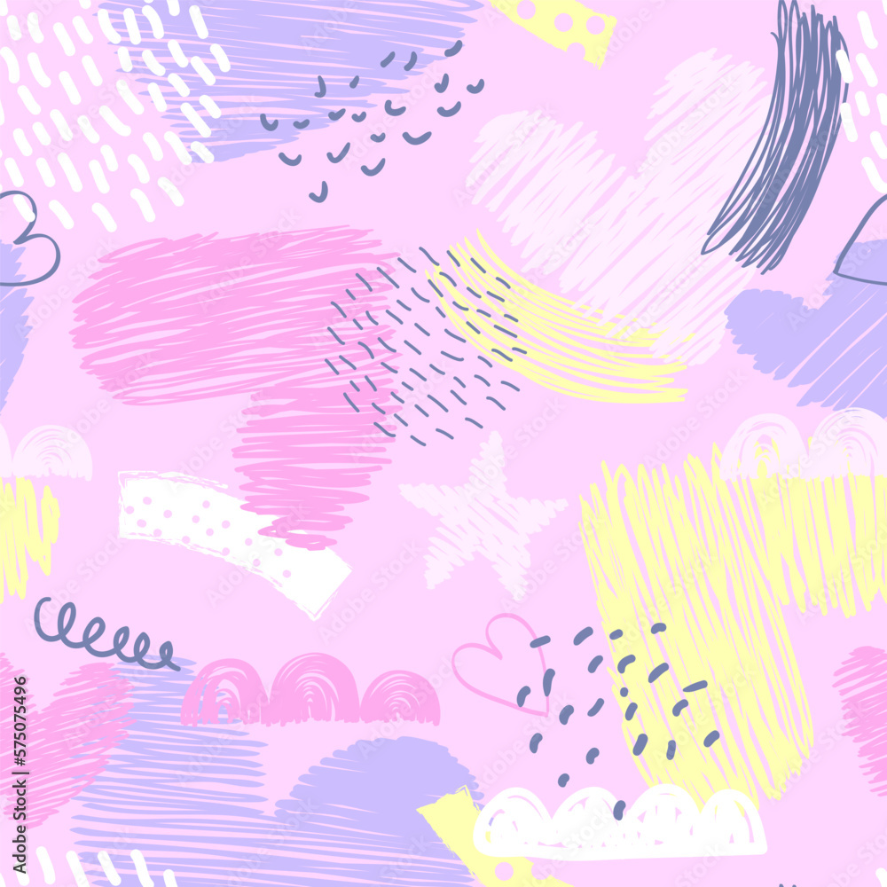 Poster vector pattern with hearts on violet background. abstract colorful seamless print for girl