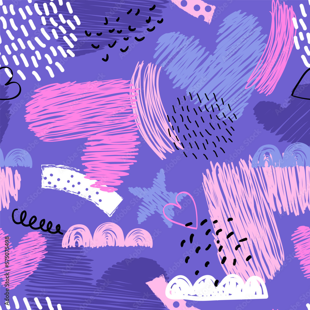 Poster vector pattern with hearts on violet background. abstract colorful seamless print for girl