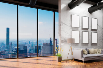 large urban skyline loft office with white wall and canvas mock up; copy spacepanoramic window skyline view, 3D Illustration
