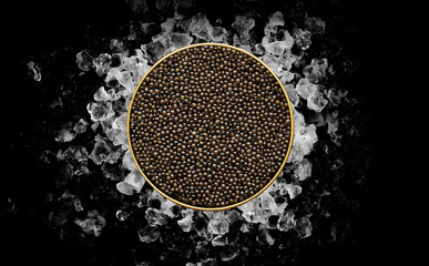 Tin of Caviar on ice on black background