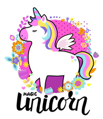 Illustration for t-shirts. Cartoon magic unicorn for girl kids design. Girlish print