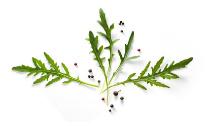 Collection of fresh arugula herb leaves. arugula and Spices, herbs on a white table. PNG Food background design element with transparent shadow on transparent background.