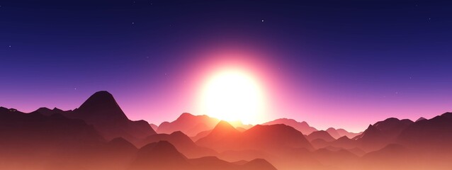 Fototapeta na wymiar Sunrise over mountains silhouettes, 3d rendering
