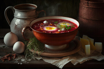Beet soup borsch in ceramic plate. Borscht, traditional Ukrainian food. Generated by Ai