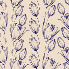 Tulip flowers graphic seamless pattern, hand drawing