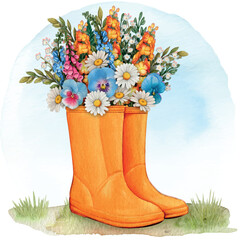 watercolor rubber boots with floral bouquet
