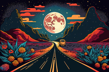 highway road horizon moon vintage adventure