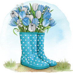 watercolor rubber boots with floral bouquet