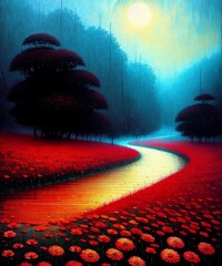 pathway with red flowers on the sides