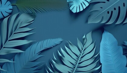Fototapeta na wymiar Tropical Leaves Blue Wallpaper Tone Background Collection Space Inspired Environment Backdrop. Generative AI