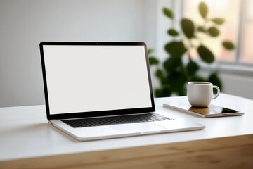 Minimalistic: A Computer Laptop Mockup on a Clean White Table Background Blank Screen Ready for Your Design. Generative AI