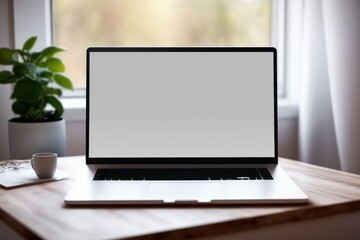 Fototapeta premium Minimalistic: A Computer Laptop Mockup on a Clean White Table Background Blank Screen Ready for Your Design. Generative AI
